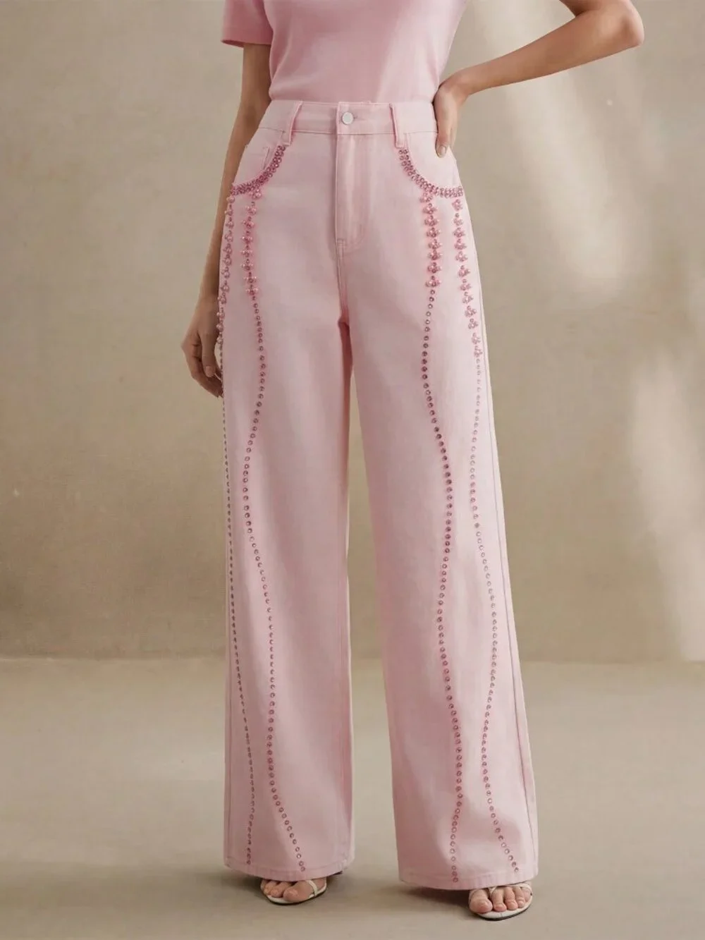 Pink Casual Women's Design Beaded Rhinestone Straight Leg Jeans